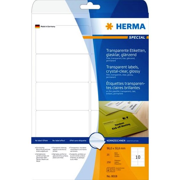 Herma etiketter - transparent p A4<br>96mmx50,8mm - 250 etiketter<br>permanente folielabels