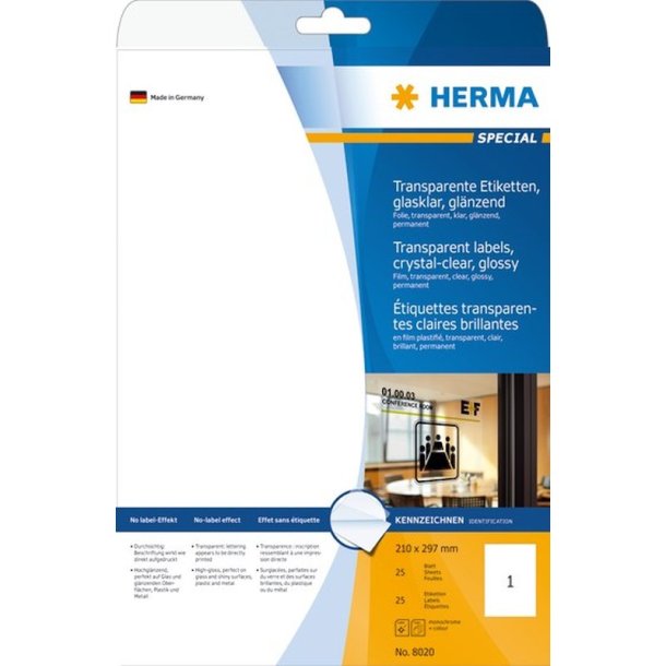 Herma etiketter - transparent p A4<br>210,0mmX297,0mm -25 etiketter<br>permanente folielabels