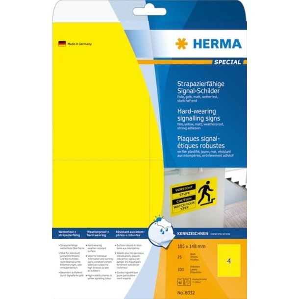 Herma farvede etiketter p A4 ark - 105mmx148mm<br>100 vejrbestandige gule etiketter