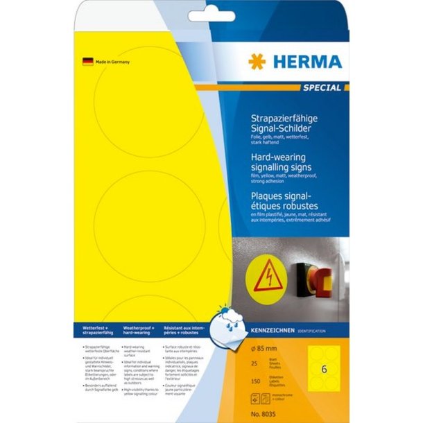 Herma 8035 runde selvklbende etiketter p A4 ark - 85 mm<br>150 perm. gule etiketter