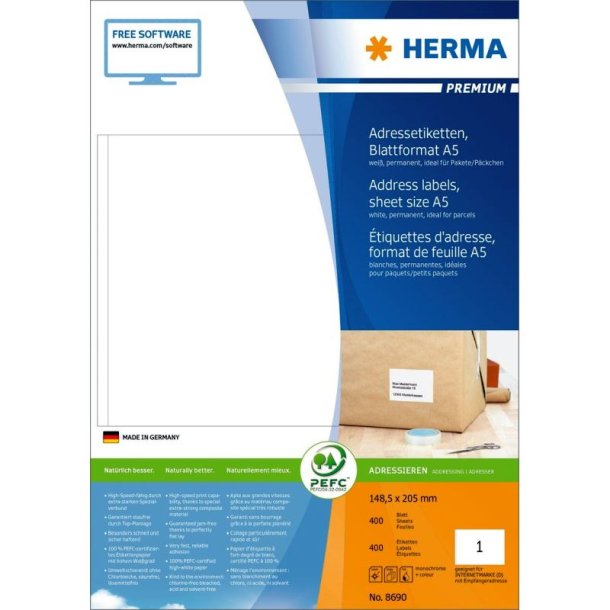 Herma etiketter - hvide p A4<br>148,0mmx205mm - 400 etiketter<br>Premium permanent klb