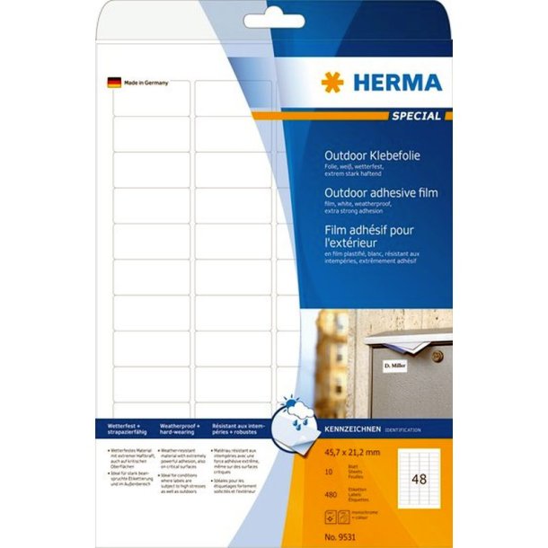 Herma etiketter - hvide p A4<br>45,7mmx21,2mm - 480 etiketter<br>ekstra strk folielabels