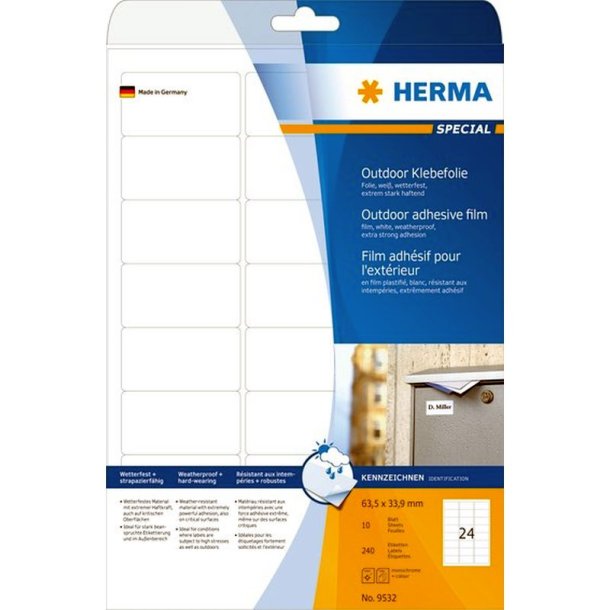 Herma etiketter - hvide p A4<br>63,5mmx33,9mm - 240 etiketter<br>ekstra strk folielabels