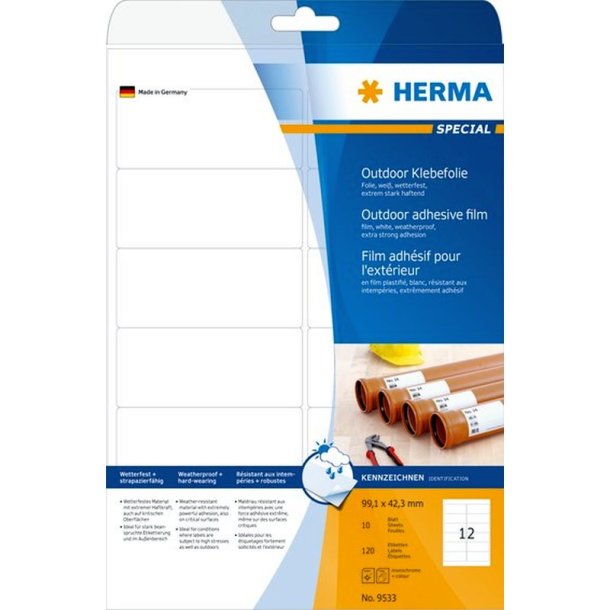 Herma etiketter - hvide p A4<br>99,1mmx42,3mm - 120 etiketter<br>ekstra strk folielabels