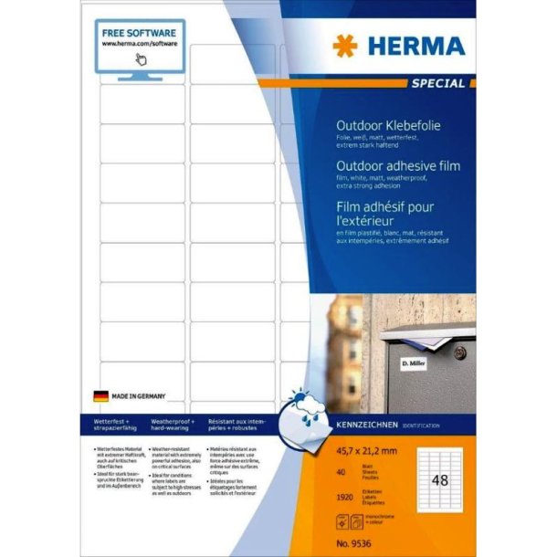 Herma etiketter - hvide p A4<br>45,7mmx21,2mm - 1920 etiketter<br>ekstra strk folielabels