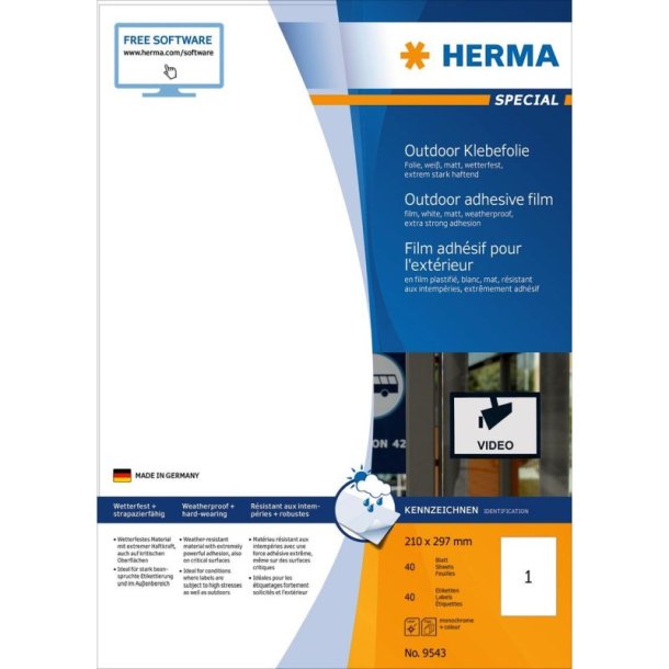 Herma etiketter - hvide p A4<br>210,0mmx297,0mm - 40 etiketter<br>ekstra strk folielabels