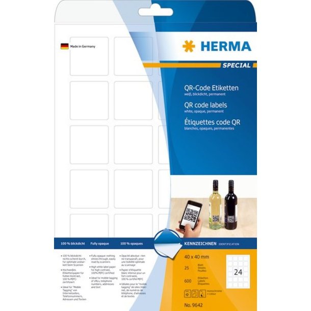 Herma etiketter - hvide p A4<br>QR-kode - 40,0mmx40,0mm - 600 etiketter<br>Permanent klbende