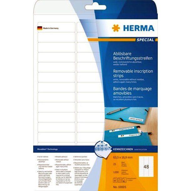 Herma etiketter - hvide p A4<br>63,5mmx16,9mm - 1200 etiketter<br>aftagelige og flytbare