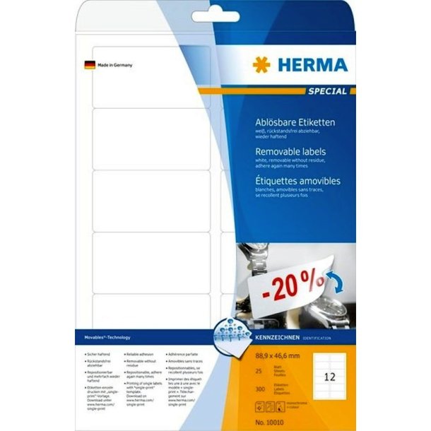 Herma etiketter - hvide p A4<br>88,9mmx46,6mm - 300 etiketter<br>aftagelige og flytbare