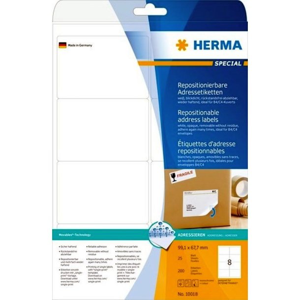 Herma etiketter - hvide p A4<br>99,1mmx67,7mm - 200 etiketter<br>aftagelige og flytbare