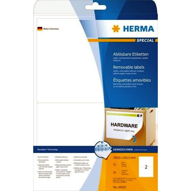 Herma etiketter - hvide p A4<br>199,6mmx143,5mm - 50 etiketter<br>aftagelige og flytbare