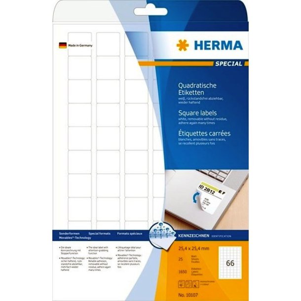 Herma etiketter - hvide p A4<br>25,4mmx25,4mm - 1650 etiketter<br>aftagelige og flytbare