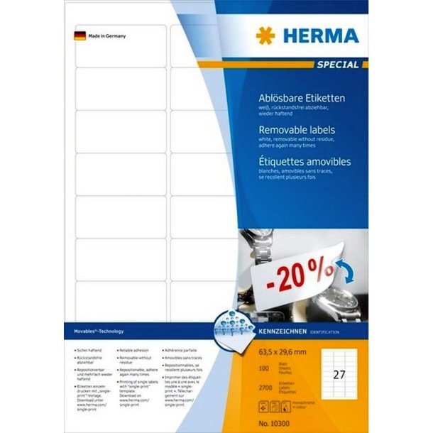 Herma etiketter - hvide p A4<br>63,5mmx29,6mm - 2700 etiketter<br>aftagelige og flytbare