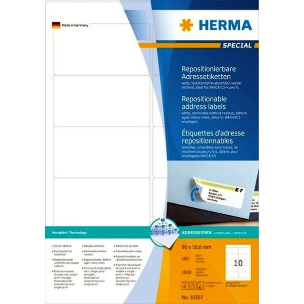 Herma etiketter - hvide p A4<br>96mmx50,8mm - 1000 etiketter<br>aftagelige og flytbare