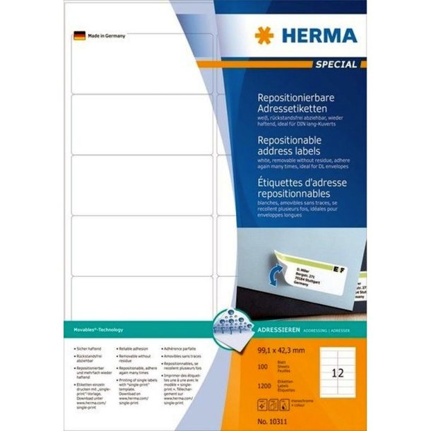 Herma etiketter - hvide p A4<br>99,1mmx42,3mm - 1200 etiketter<br>aftagelige og flytbare