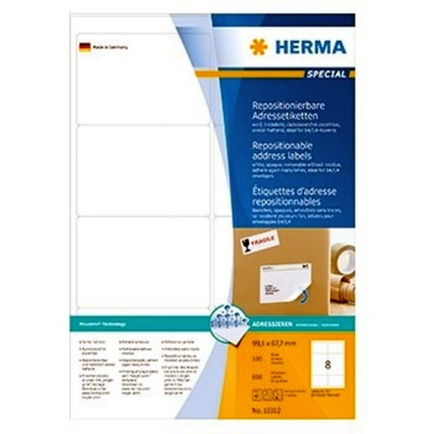 Herma etiketter - hvide p A4<br>99,1mmx67,7mm - 800 etiketter<br>aftagelige og flytbare