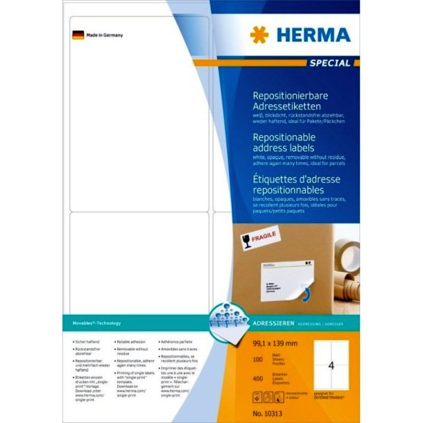 Herma etiketter - hvide p A4<br>99,1mmx139mm - 400 etiketter<br>aftagelige og flytbare