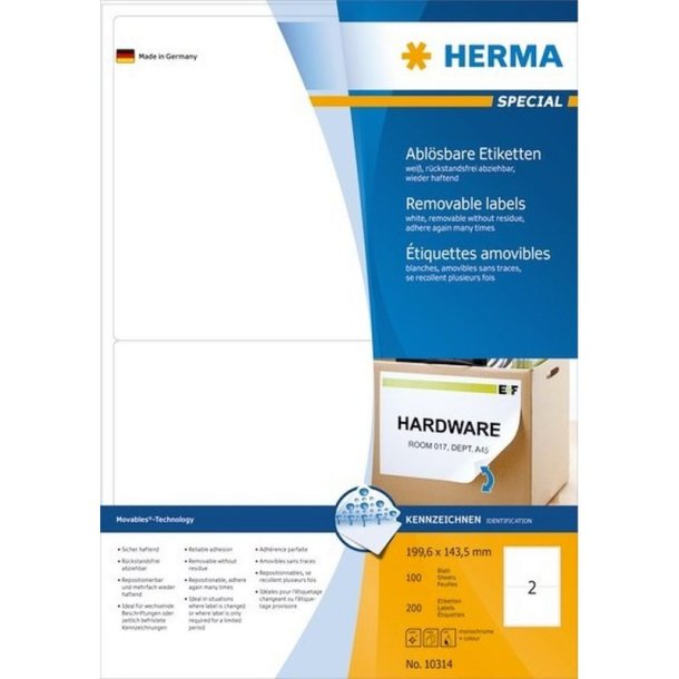 Herma etiketter - hvide p A4<br>199,6mmx143,5mm - 200 etiketter<br>aftagelige og flytbare