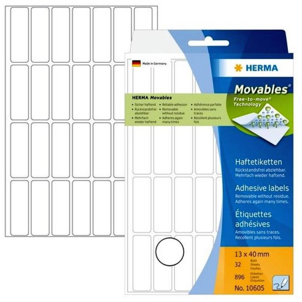 Herma etiketter - hvide p ark<br>13,0mmx40,0mm - 896 etiketter<br>aftagelige og flytbare