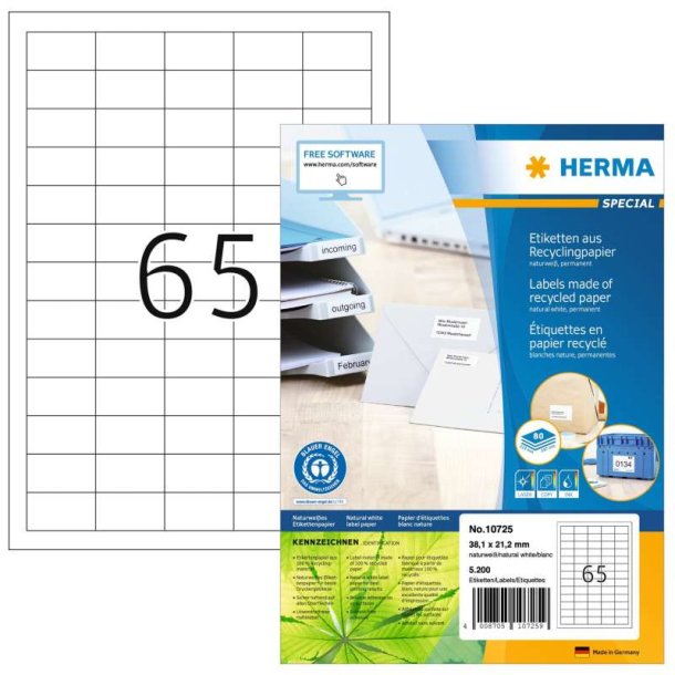 Herma etiketter - hvide p A4<br>38,1mmx21,2mm - 5200 etiketter<br>Permanent recycled/genbrugspapir