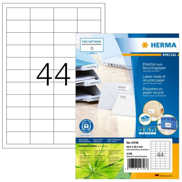 Herma etiketter - hvide p A4<br>48,3mmx25,4mm - 3520 etiketter<br>Permanent recycled/genbrugspapir