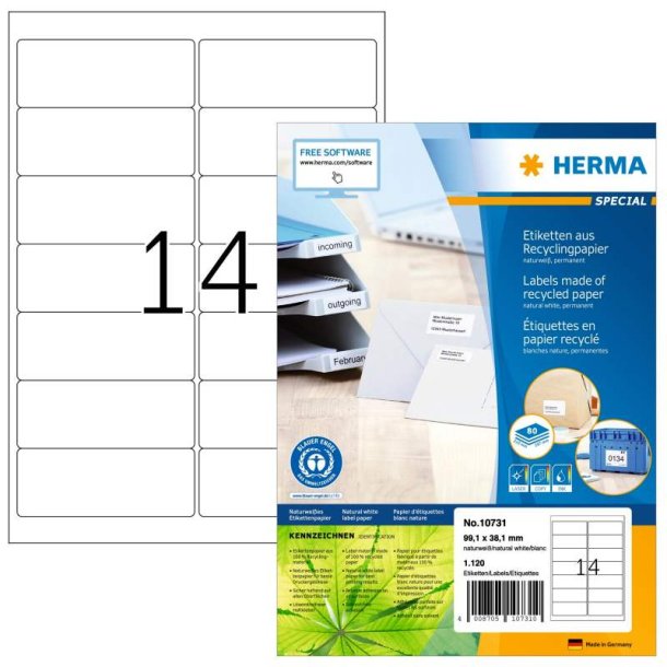 Herma etiketter - hvide p A4<br>99,1mmx38,1mm - 1120 etiketter<br>Permanent recycled/genbrugspapir