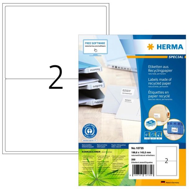 Herma etiketter - hvide p A4<br>199,6mmx143,5mm - 160 etiketter<br>Permanent recycled/genbrugspapir