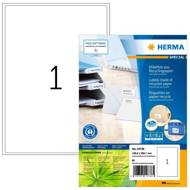 Herma etiketter - hvide p A4<br>199,6mmx289,1mm - 80 etiketter<br>Permanent recycled/genbrugspapir