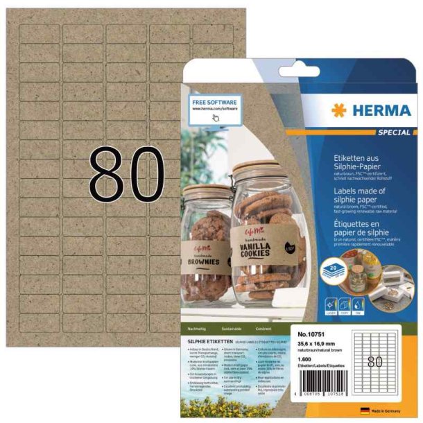 Herma etiketter - naturbrune p A4<br>35,6mmx19,6mm - 1600 etiketter<br>Permanent Silphie kraftpapir