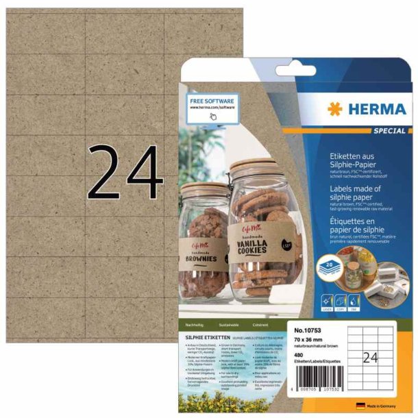 Herma etiketter - naturbrune p A4<br>70,0mmx36,0mm - 480 etiketter<br>Permanent Silphie kraftpapir