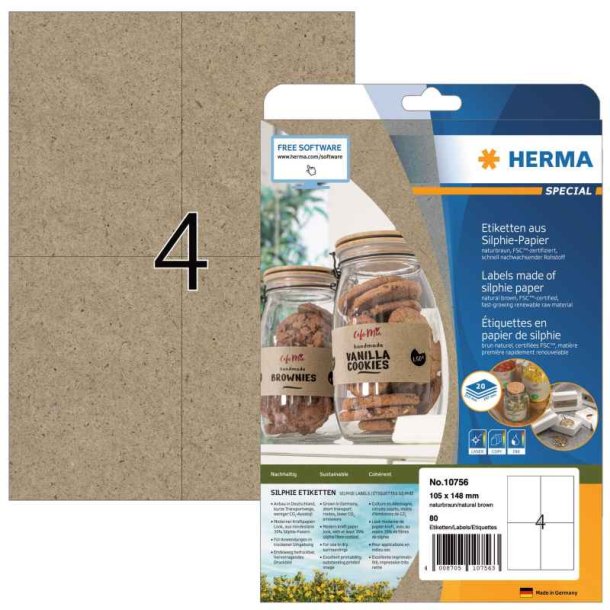 Herma etiketter - naturbrune p A4<br>105,0mmx148,0mm - 80 etiketter<br>Permanent Silphie kraftpapir