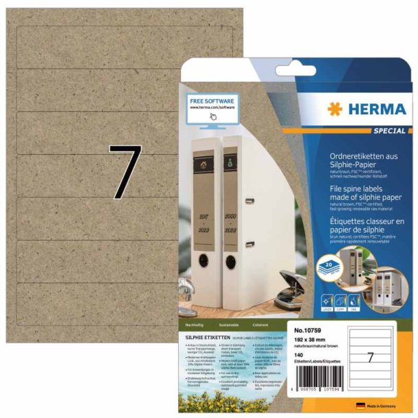 Herma etiketter - naturbrune p A4<br>192,0mmx38,0mm - 140 etiketter<br>Permanent Silphie kraftpapir