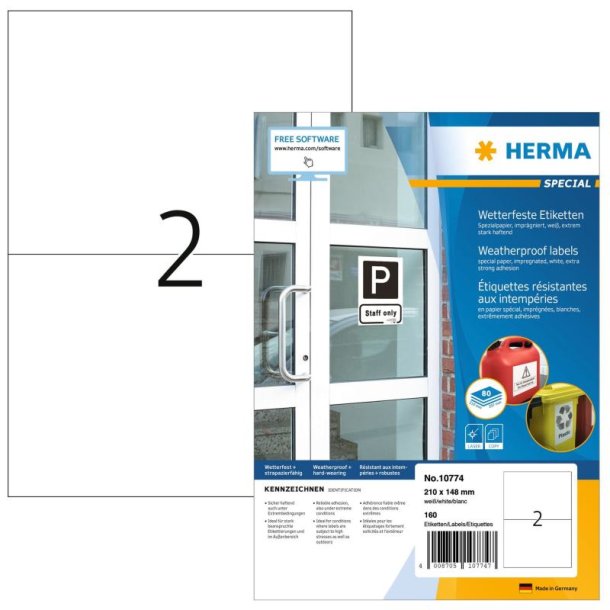 Herma etiketter - hvide p A4<br>210,0mmx148,0mm - 160 etiketter<br>ekstra strk og vejrbestandig