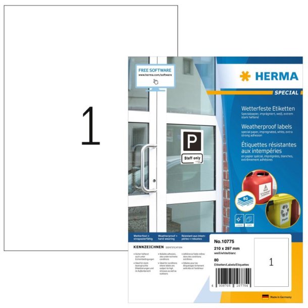 Herma etiketter - hvide p A4<br>210,0mmx297,0mm - 80 etiketter<br>ekstra strk og vejrbestandig