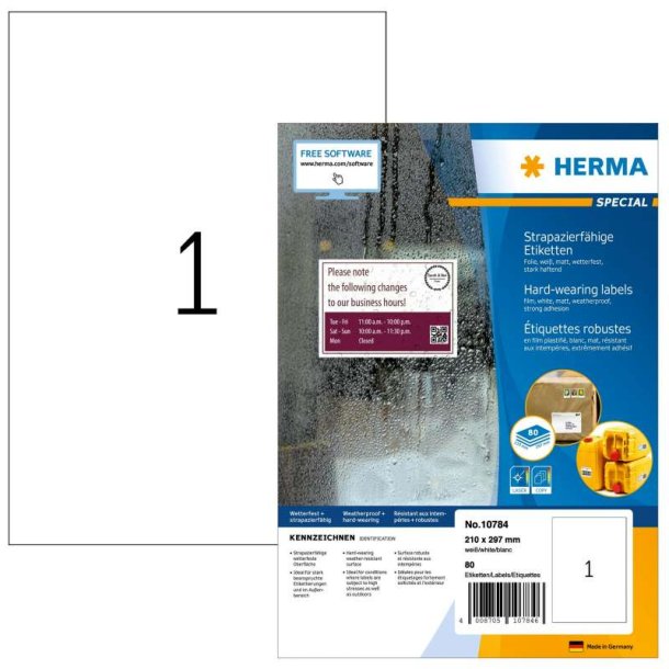 Herma etiketter - transparent p A4<br>folielabels<br>210,0mmx297,0mm - 80 etiketter