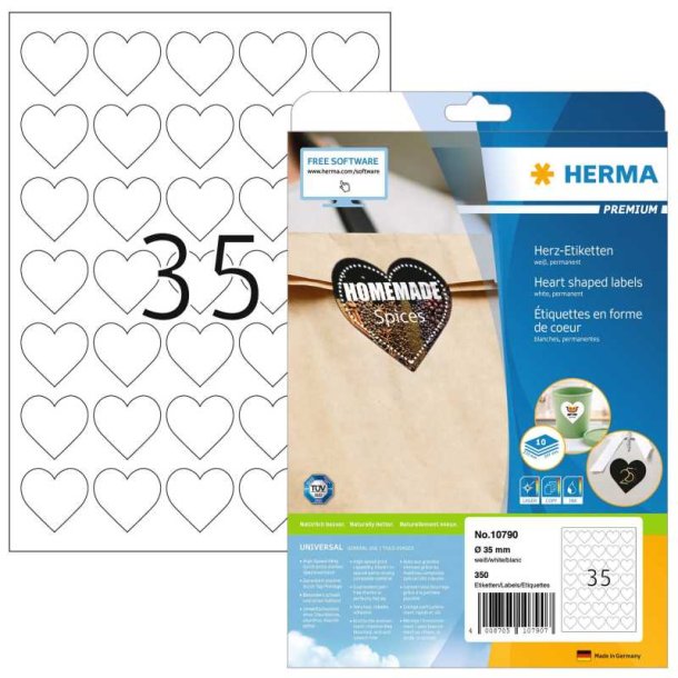 Herma selvklbende hjerte etiketter - hvide p ark A4 - 35mm<br>350 permanente etiket hjerter