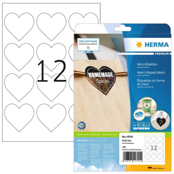 Herma selvklbende hjerte etiketter - hvide p ark A4 - 60mm<br>120 permanente etiket hjerter