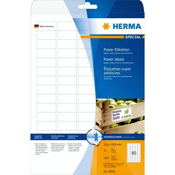 Herma etiketter - hvide p A4<br>35,6mmx16,9m - 2000 etiketter<br>ekstra strk