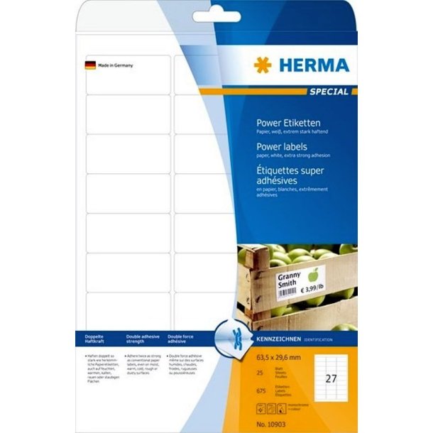 Herma etiketter - hvide p A4<br>63,5mmx29,6mm - 675 etiketter<br>ekstra strk