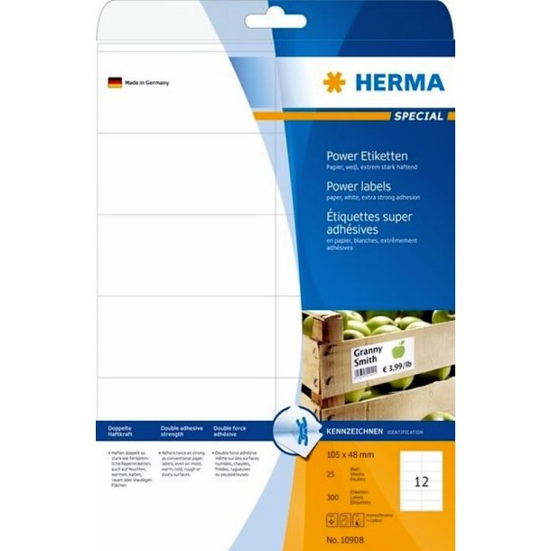 Herma etiketter - hvide p A4<br>105,0mmx48,0mm - 300 etiketter<br>ekstra strk