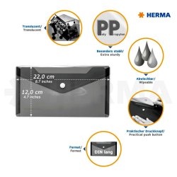 Herma kuvertmappe - 22x12cm - standard farver (gennemsigtig, gul, grn, rd, mrkebl) - 5 stk.