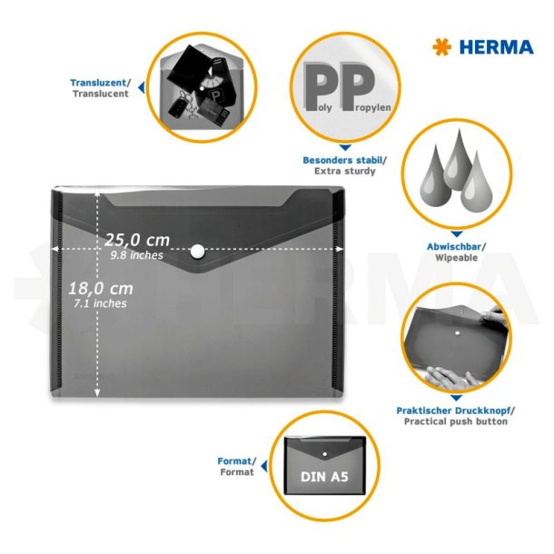 Herma kuvertmappe - 25x18cm - standard gennemsigtig farver (hvid, gul, grn, rd, mrkebl) - 5 stk.