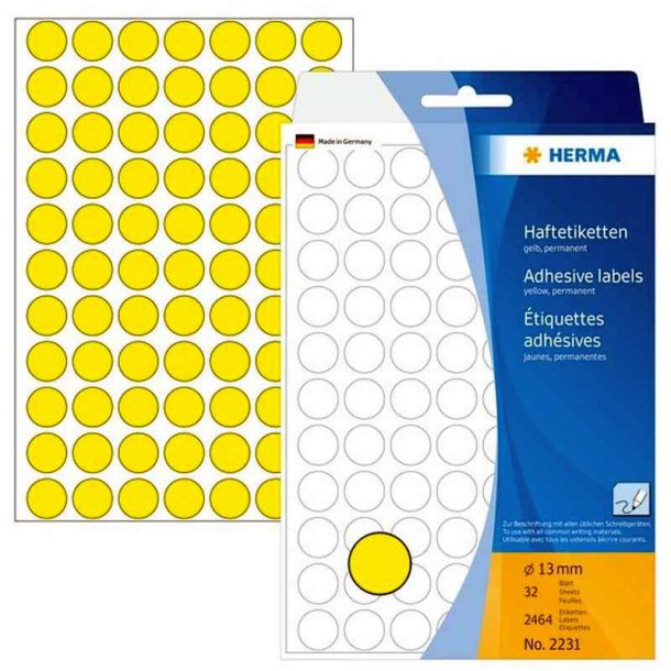 Herma 2231 runde selvklbende etiketter p ark - 13 mm<br>2464 perm. gule etiketter