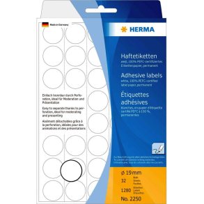 Herma 2250 runde selvklbende etiketter p ark - 19 mm - 1280 permanente hvide etiketter