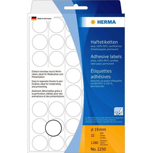 Herma 2250 runde selvklbende etiketter p ark - 19 mm<br>1280 permanente hvide etiketter