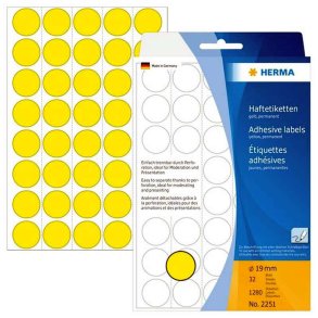 Herma 2251 runde selvklbende etiketter p ark - 19 mm - 1280 perm. gule etiketter