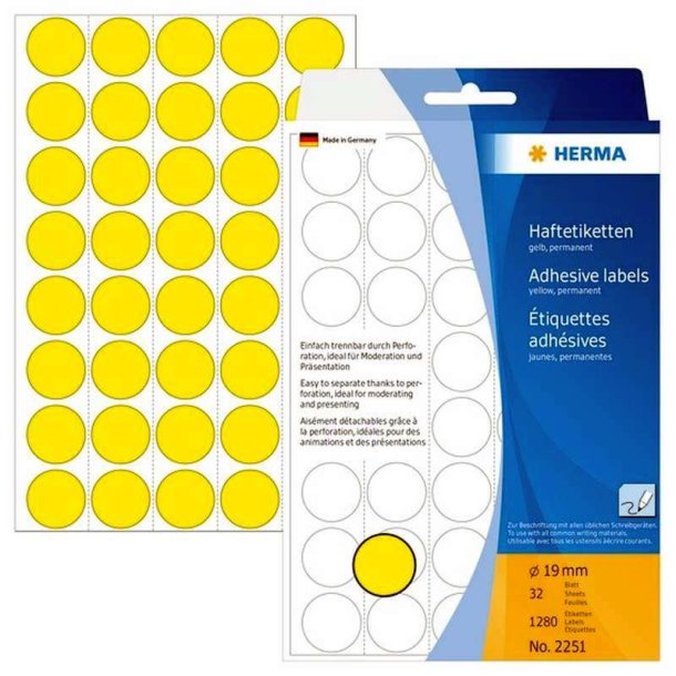 Herma 2251 runde selvklbende etiketter p ark - 19 mm<br>1280 perm. gule etiketter