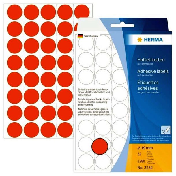 Herma 2252 runde selvklbende etiketter p ark - 19 mm<br>1280 perm. rde etiketter