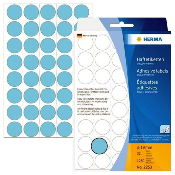 Herma 2253 runde selvklbende etiketter p ark - 19 mm<br>1280 perm. bl etiketter