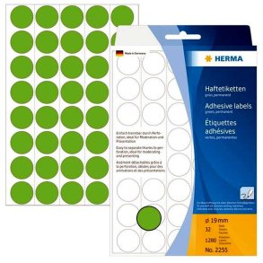 Herma 2255 runde selvklbende etiketter p ark - 19 mm - 1280 perm. grnne etiketter
